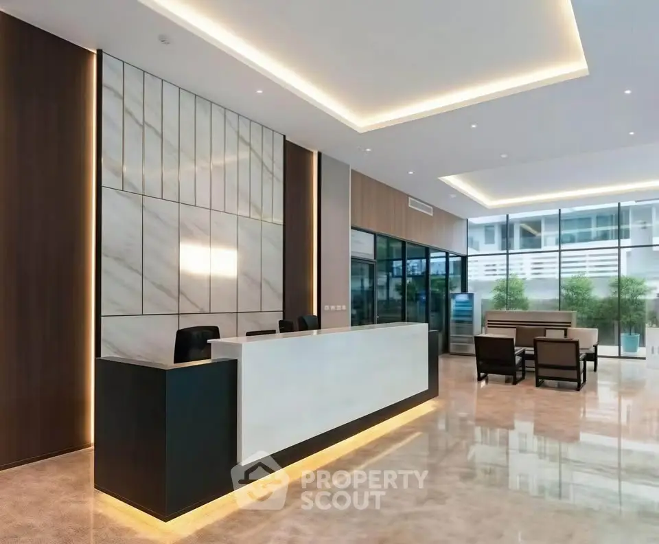 Luxurious modern lobby with sleek design and ambient lighting