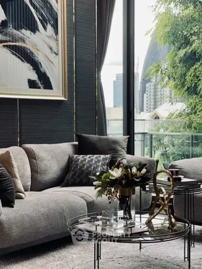 Luxurious living room with modern decor and stunning city view
