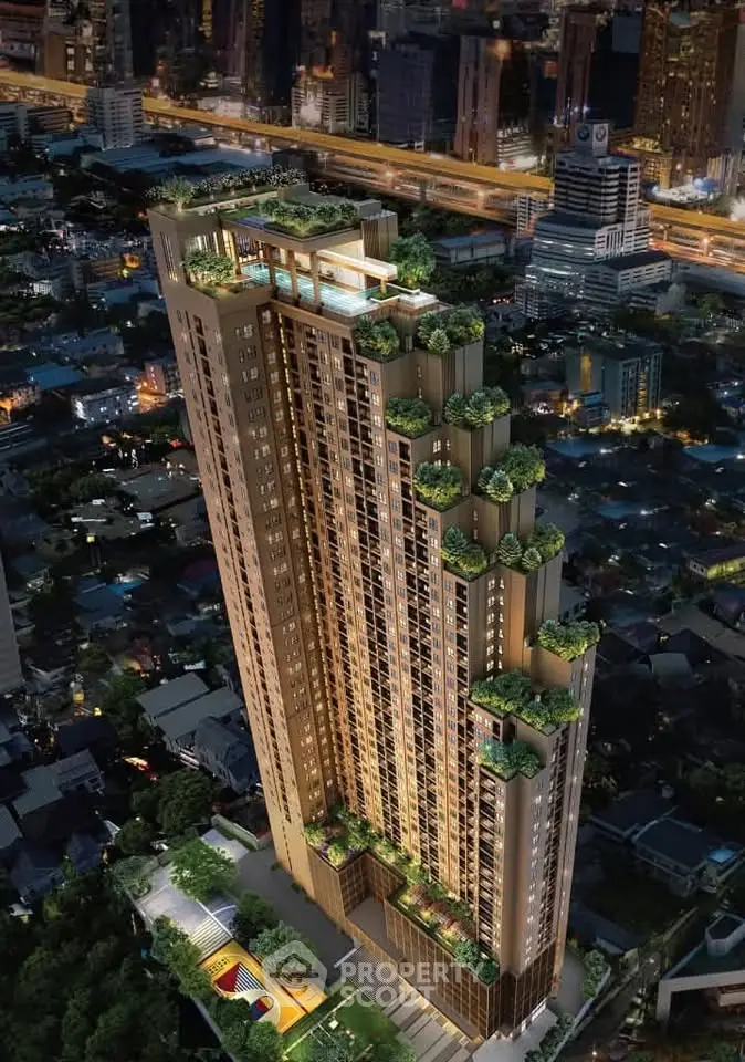 Stunning aerial view of a modern high-rise building with lush rooftop gardens in a vibrant cityscape.