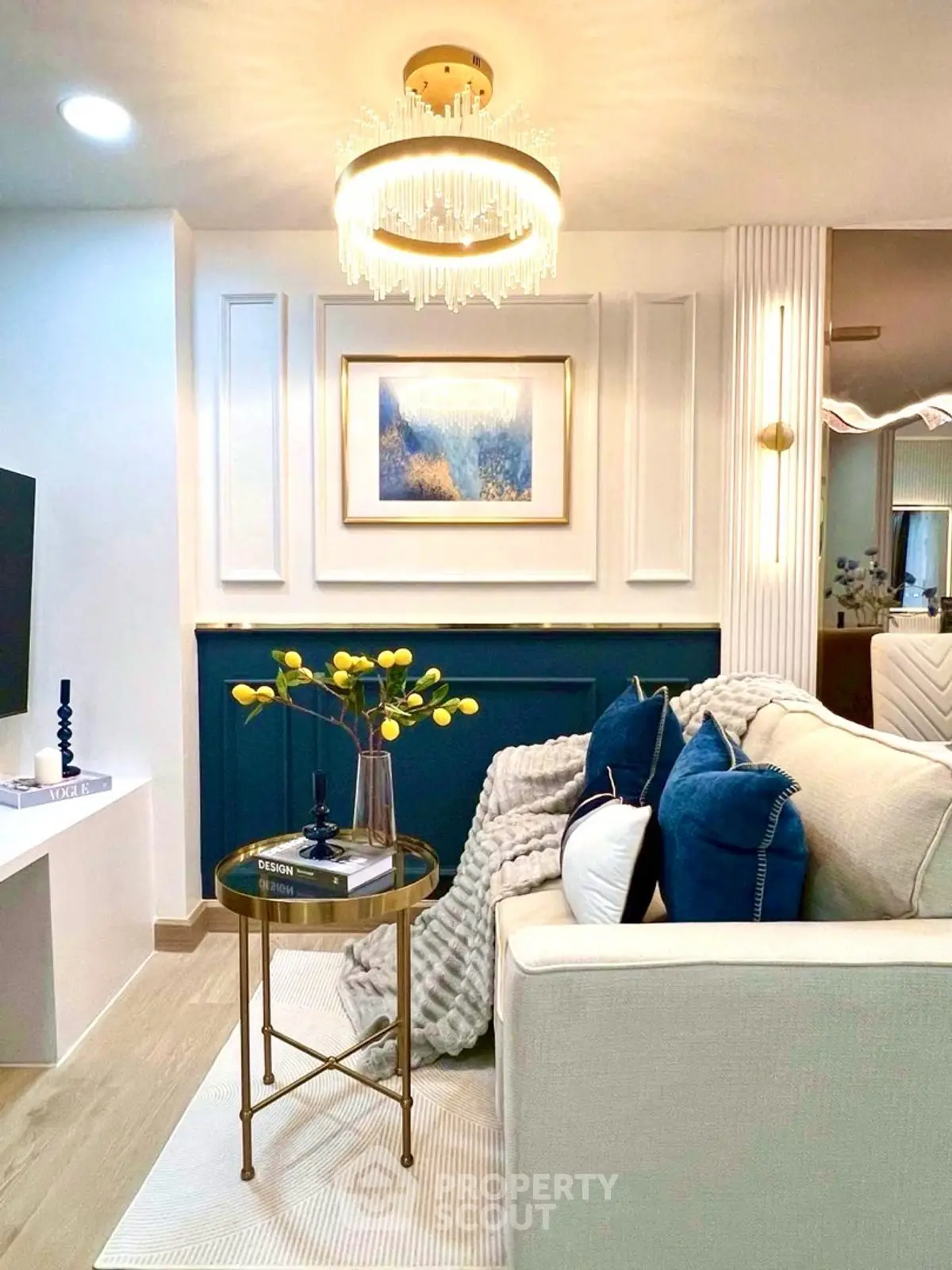 Elegant living room with modern decor and stylish lighting