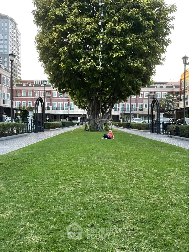 Charming urban park with lush green lawn and majestic tree, surrounded by elegant buildings.