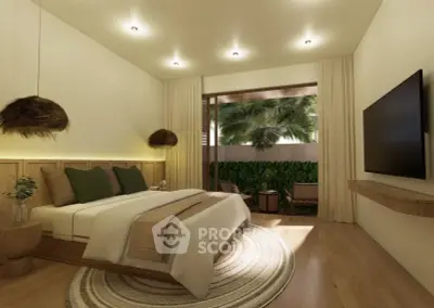 Luxurious bedroom with modern decor and private balcony view.