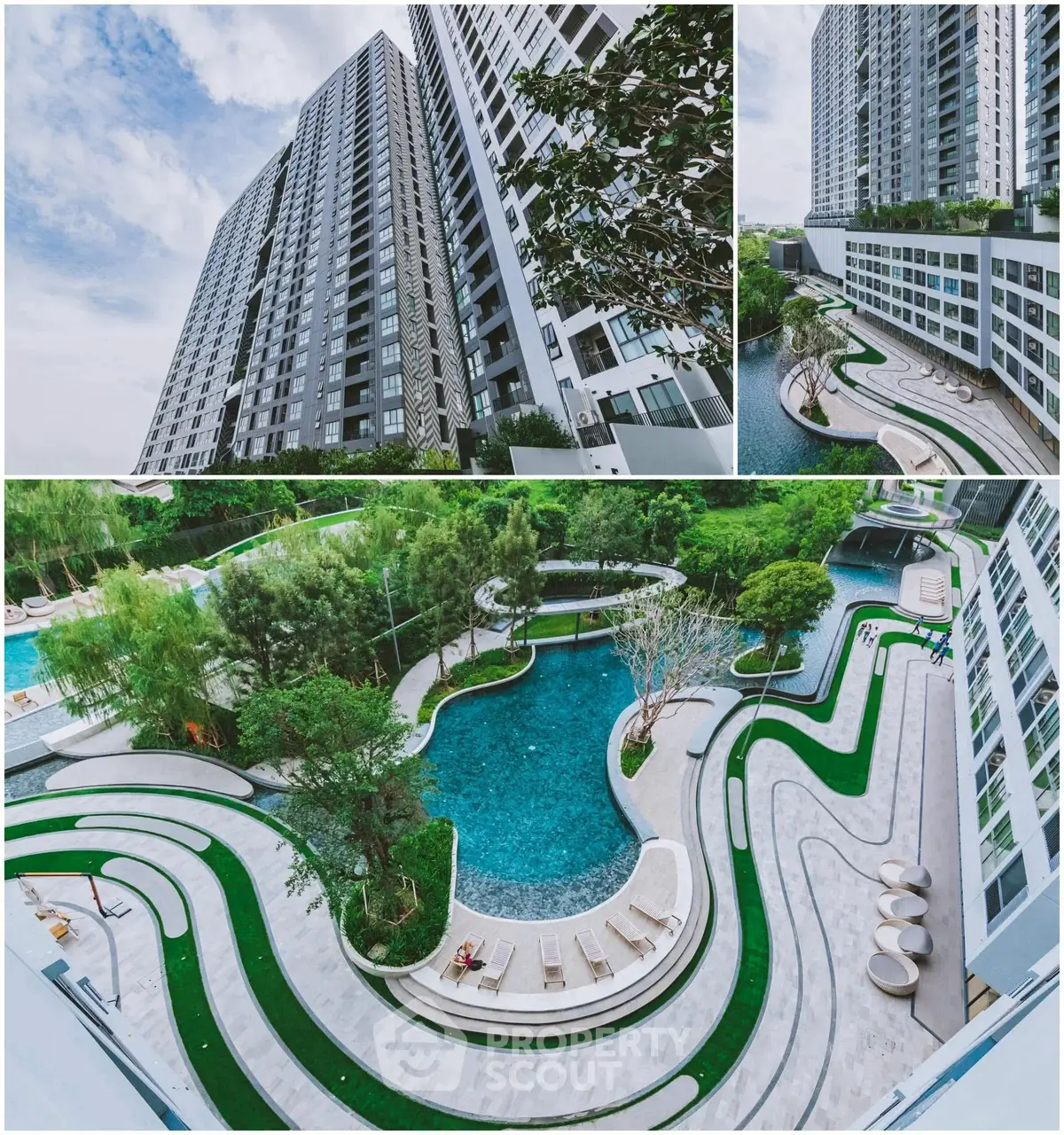 Luxurious modern apartment complex with stunning pool and landscaped gardens