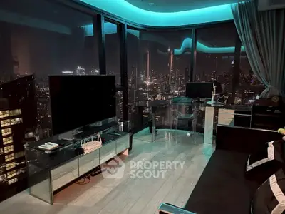 Luxurious living room with stunning city skyline view and modern decor.