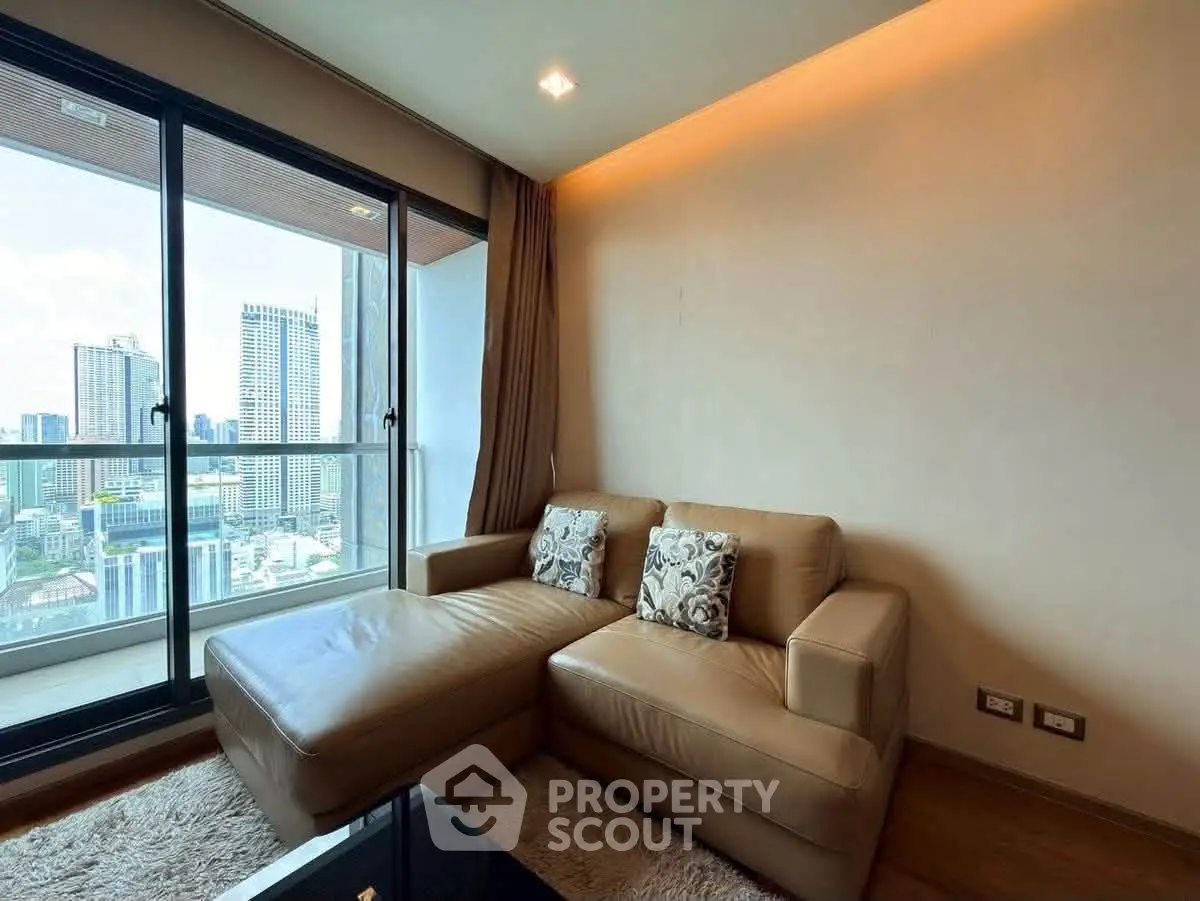 Luxurious living room with city view and elegant leather sofa in modern apartment