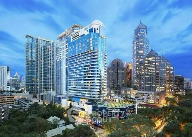 Stunning cityscape view of modern high-rise buildings with lush greenery