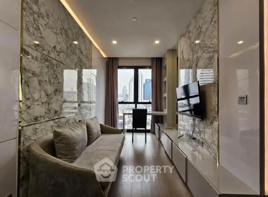 Luxurious modern living room with marble accents and city view