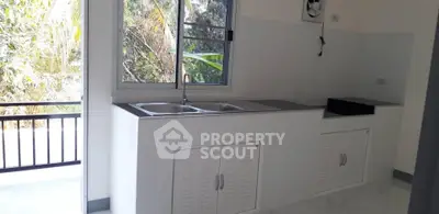 Modern kitchen with dual sink and garden view, perfect for culinary enthusiasts.