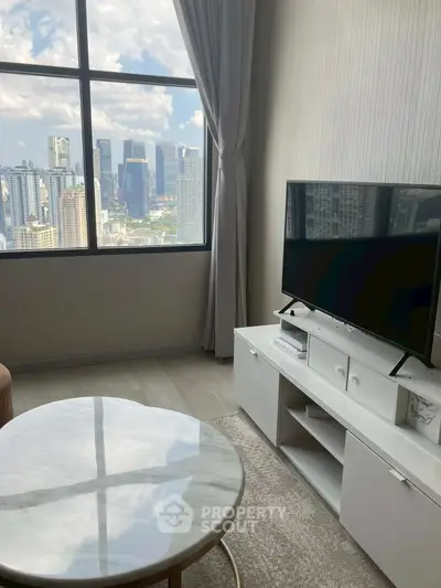 Modern living room with city view and sleek furniture, perfect for urban living.