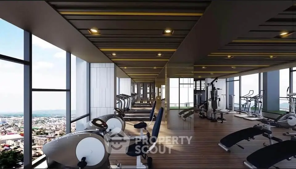 Luxurious high-rise gym with panoramic city views and modern fitness equipment.