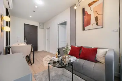 Modern living room with stylish decor and cozy seating area