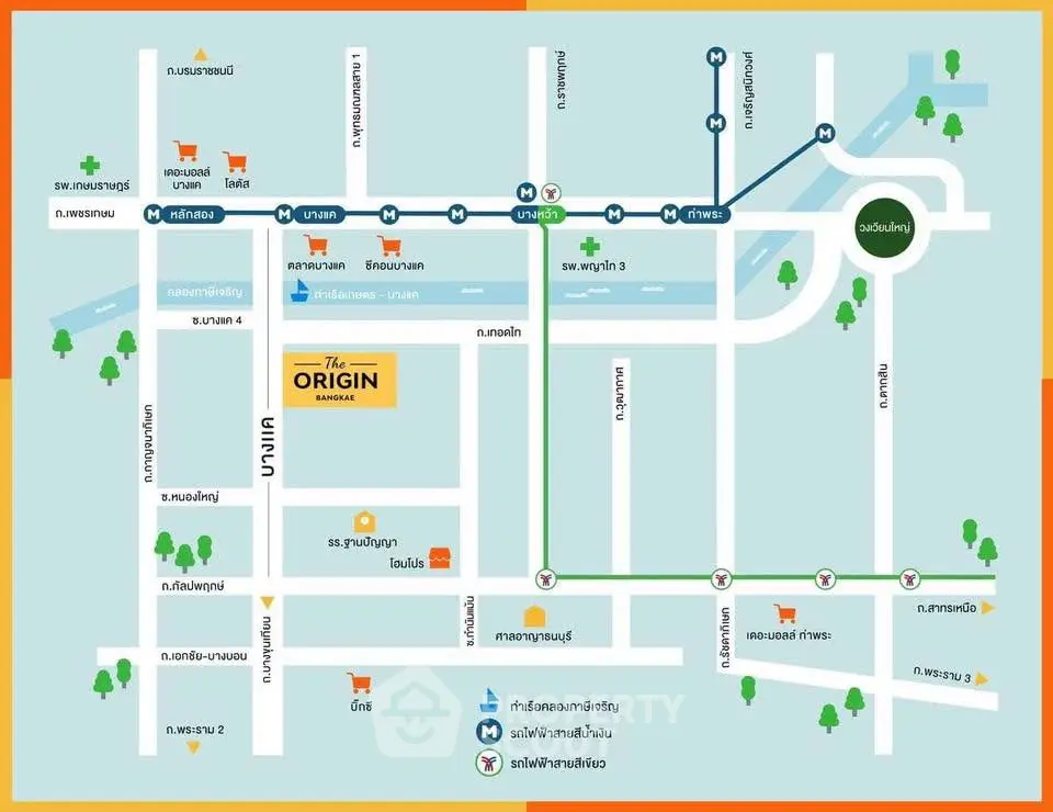 Map showing location of The Origin Ramintra with nearby amenities and transport links.