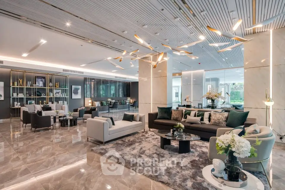 Luxurious modern living room with elegant decor and spacious seating area.