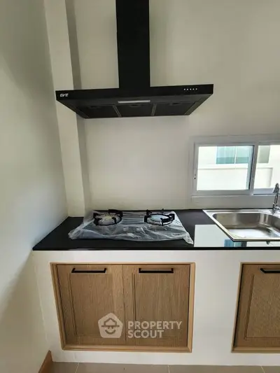 Modern kitchen with sleek gas stove and wooden cabinets