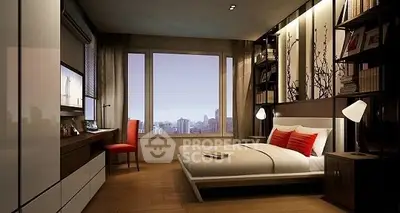 Luxurious modern bedroom with city view and stylish decor