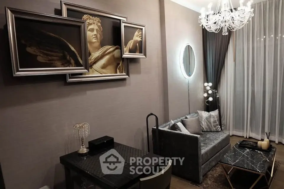 Luxurious living room with elegant decor and chandelier lighting