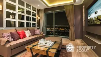 Luxurious living room with plush seating and expansive city view through floor-to-ceiling windows, perfect for upscale urban living.