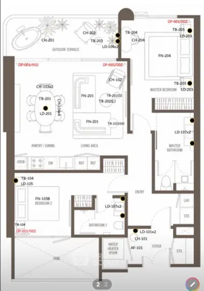 Modern apartment floor plan with spacious layout and outdoor terrace