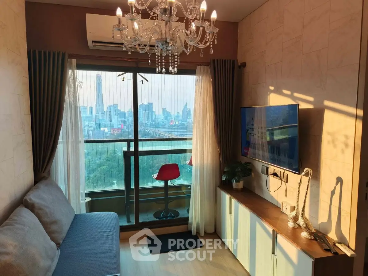 Chic living room with city view and elegant chandelier, perfect for urban living.