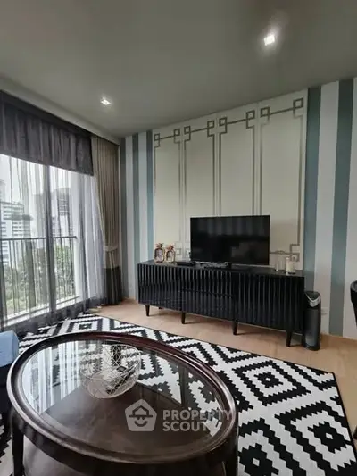 Stylish living room with modern decor and city view balcony