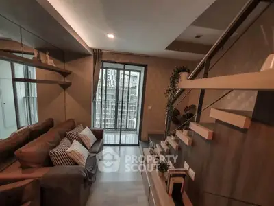 Modern living room with stylish staircase and balcony view in urban apartment