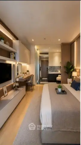 Luxurious modern bedroom with elegant decor and cozy ambiance