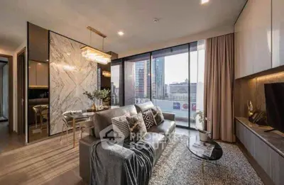 Luxurious modern living room with city view, elegant decor, and ample natural light.