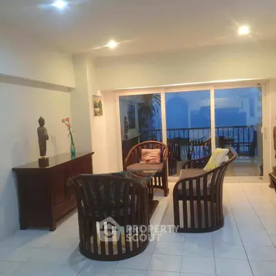 Cozy living room with elegant wooden furniture and balcony view