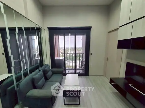 Modern living room with balcony view in a stylish apartment