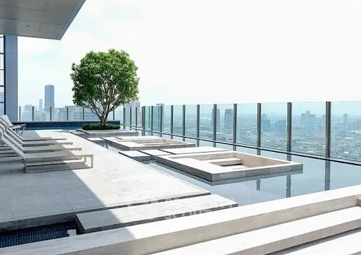Luxurious rooftop pool with stunning city skyline view and modern design.