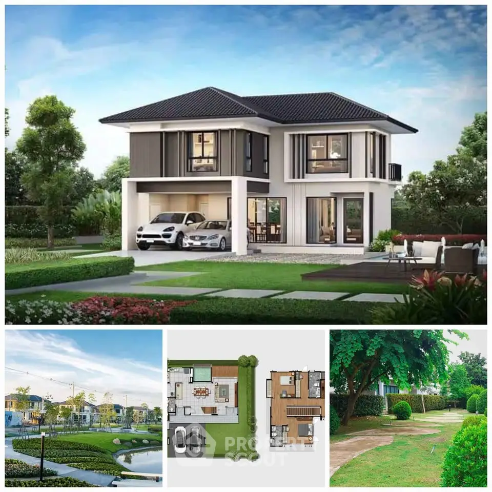 Stunning modern two-story house with lush garden and spacious driveway