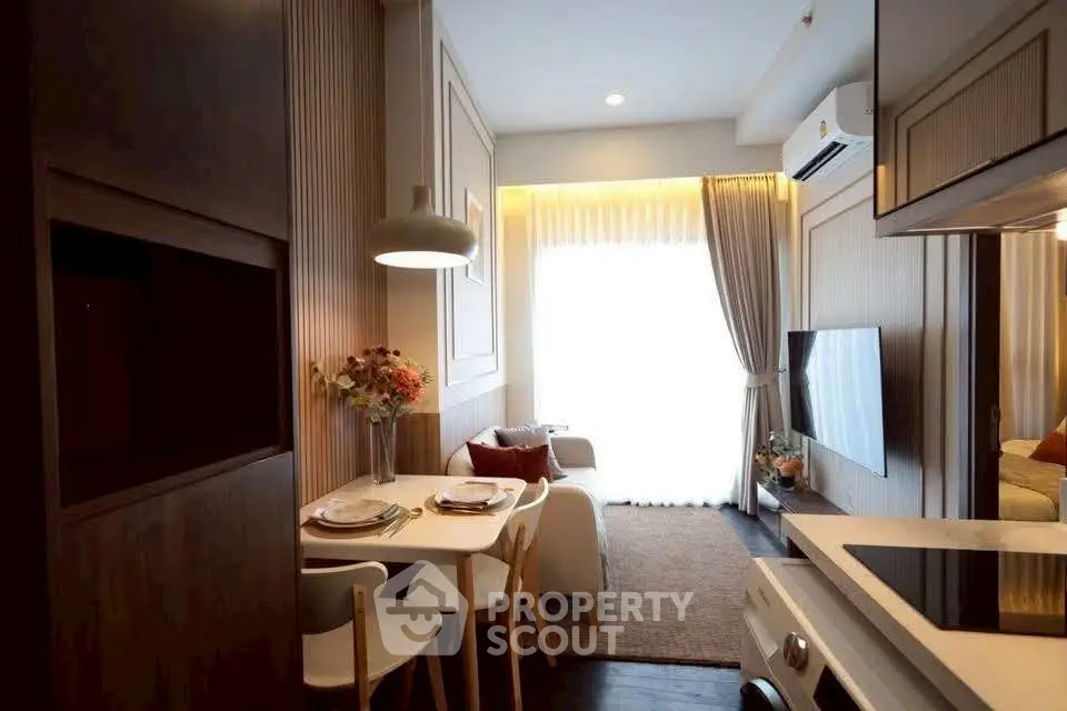 Cozy modern living room with dining area and stylish decor