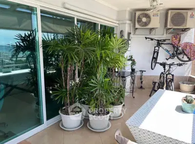 Spacious balcony with potted plants and bicycles, perfect for relaxation and outdoor activities.