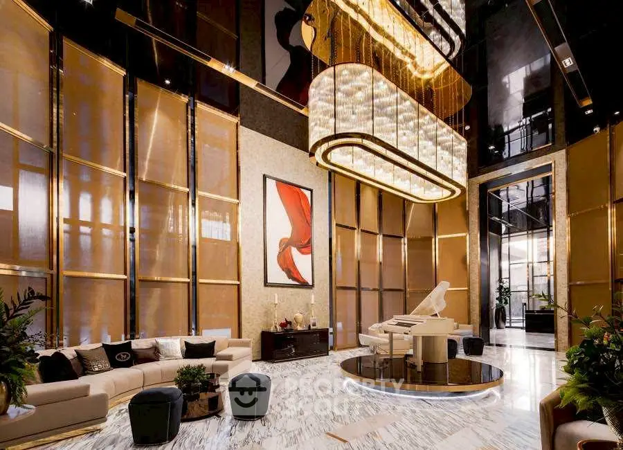 Luxurious high-ceiling living room with grand piano and elegant decor