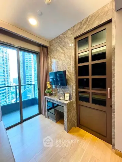 Modern living room with balcony view in luxury apartment