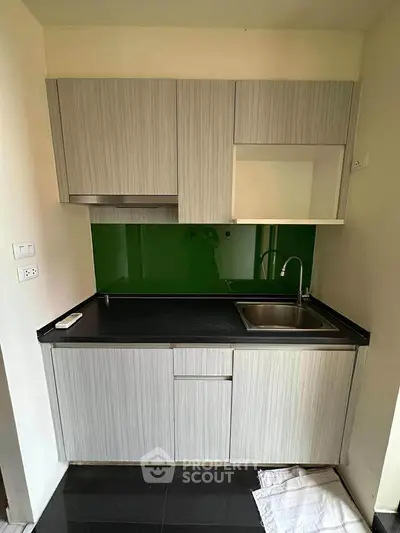 Modern compact kitchen with sleek cabinetry and green backsplash