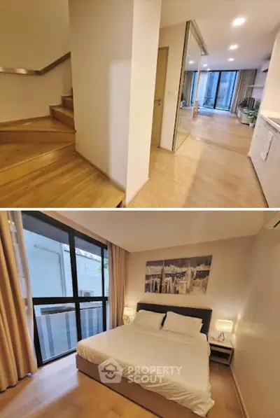 Modern apartment with wooden flooring, cozy bedroom, and spacious hallway with mirrored closet.