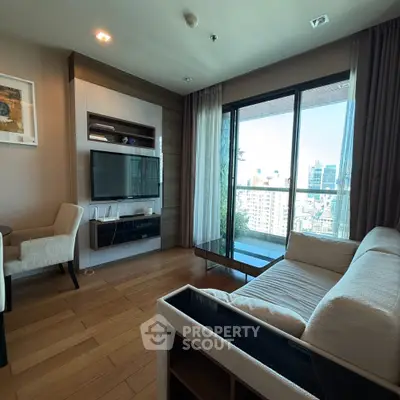 Modern living room with city view and elegant furnishings