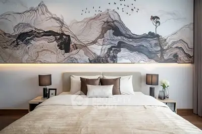 Luxurious bedroom with elegant decor and artistic wall mural
