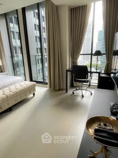 Modern bedroom with city view, featuring floor-to-ceiling windows and elegant furnishings.