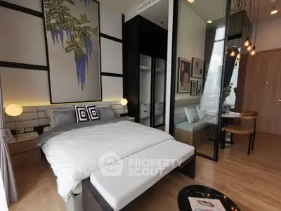 Modern bedroom with elegant decor and glass partition in luxury apartment