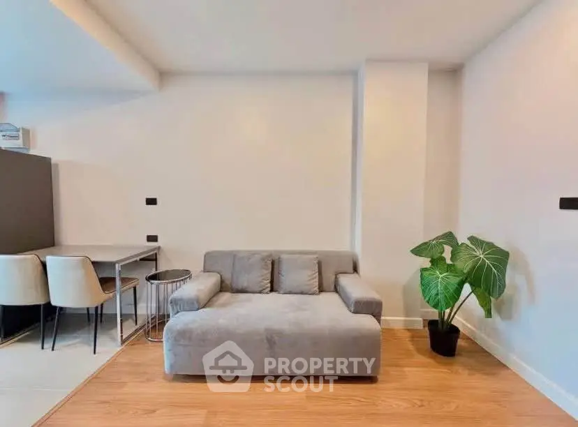 Modern living room with stylish gray sofa and elegant decor