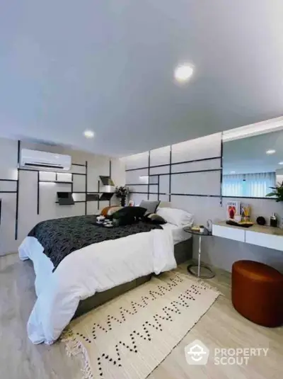 Modern bedroom with stylish decor and ambient lighting, featuring a cozy bed and sleek furnishings.