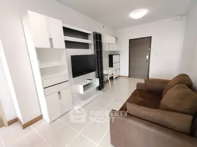 Modern living room with sleek white shelving and cozy brown sofa