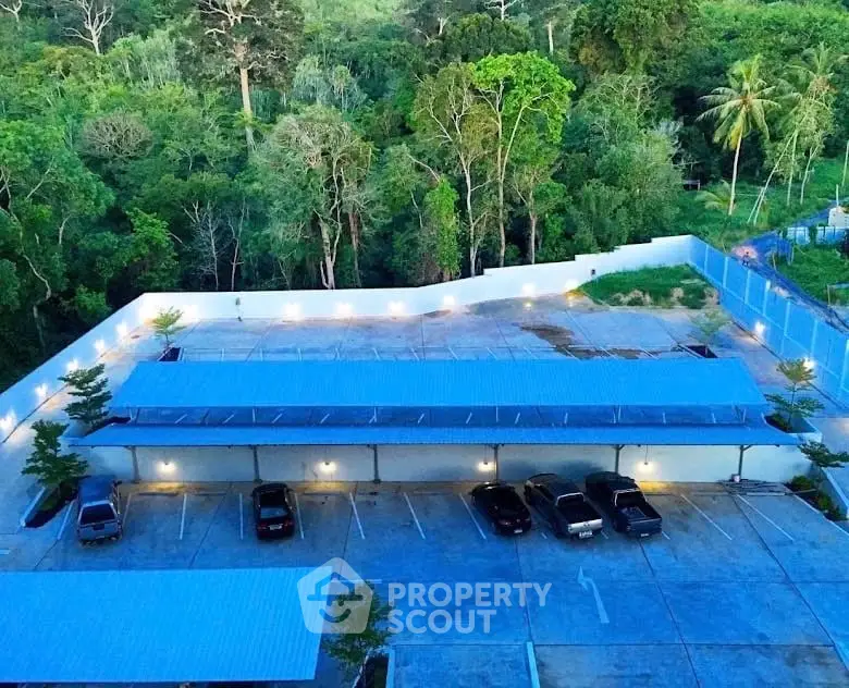 Spacious parking area with covered spaces surrounded by lush greenery, ideal for residential or commercial use.