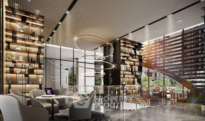 Luxurious modern lobby with elegant seating and stunning architectural lighting.