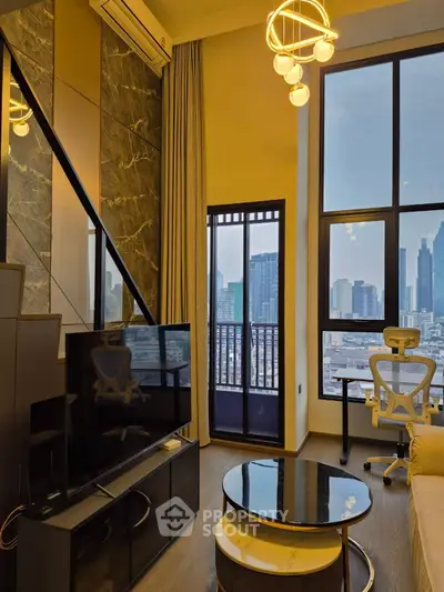 Modern living room with city view, stylish decor, and high ceilings in urban apartment.