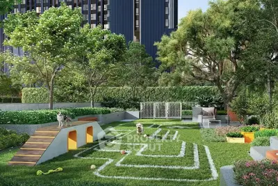 Luxurious garden area with pet-friendly features in modern residential complex.