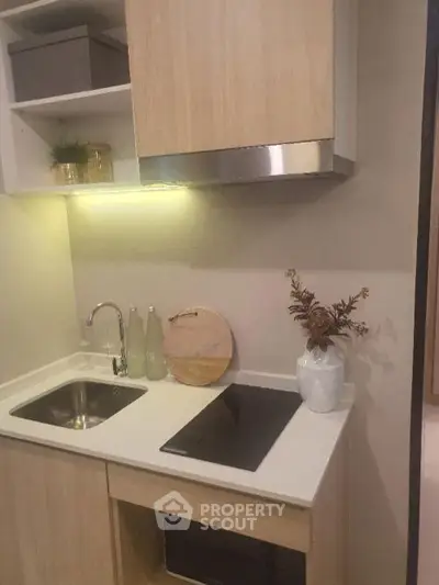 Modern compact kitchen with sleek design and induction cooktop, perfect for urban living.
