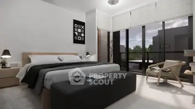 Modern bedroom with large windows and stylish decor, featuring a comfortable bed and cozy seating area.